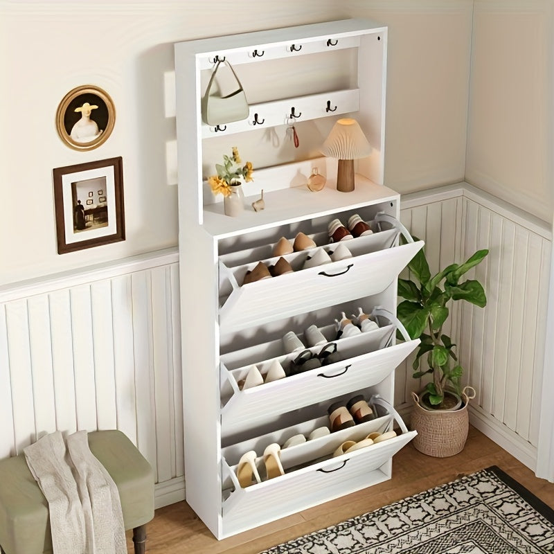 Schoenenkast – Schoenenrek – Schoenenopberger – Schoenenkast Met Haakjes – Smalle Witte Schoenenkast – 3 Deuren – Opbergruimte Voor 15 Paar Schoenen