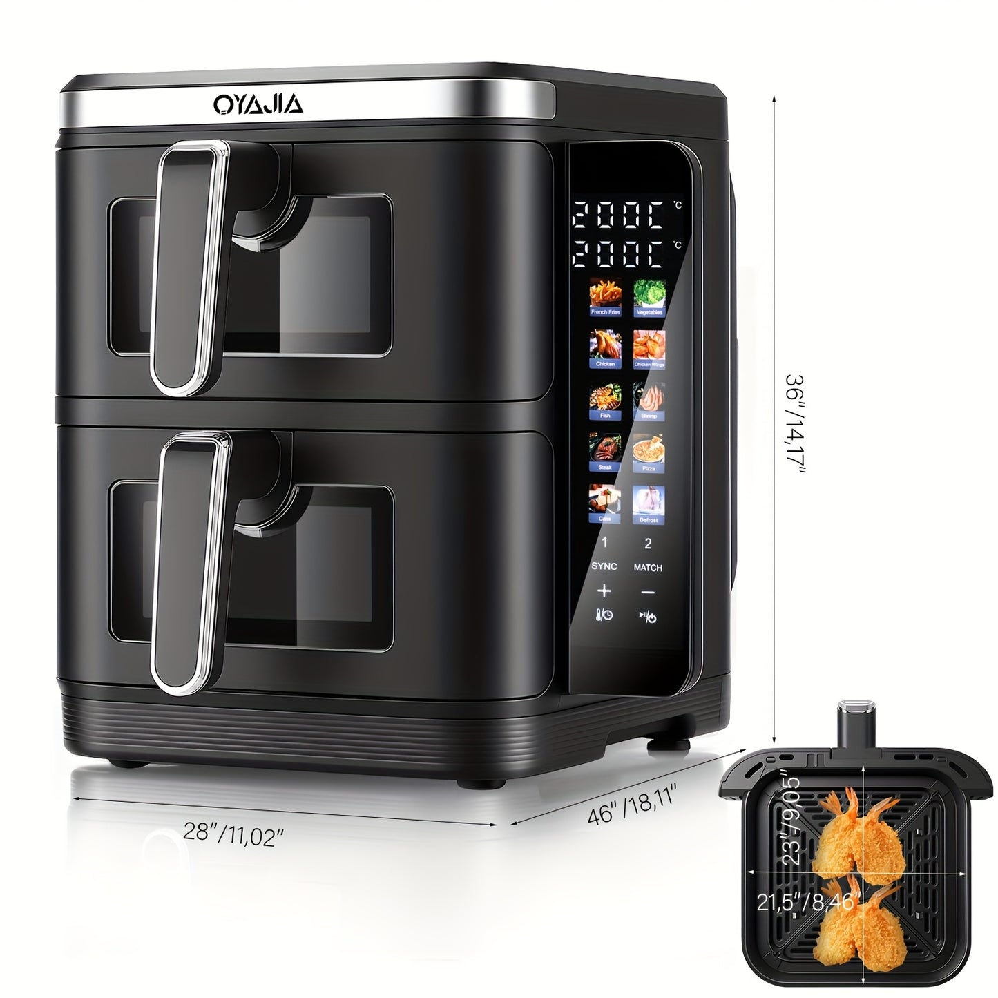 Airfryer – Heteluchtfriteuse – Dubbele Mand – Dubbele Lade – XXL Heteluchtoven – 11L Capaciteit – Verticaal Stapelbaar – PFAS-vrij – 2800W – 10 Kookprogramma’s – Sync & Match Functie