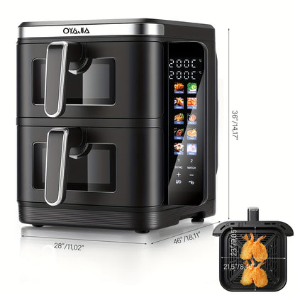 Airfryer – Heteluchtfriteuse – Dubbele Mand – Dubbele Lade – XXL Heteluchtoven – 11L Capaciteit – Verticaal Stapelbaar – PFAS-vrij – 2800W – 10 Kookprogramma’s – Sync & Match Functie