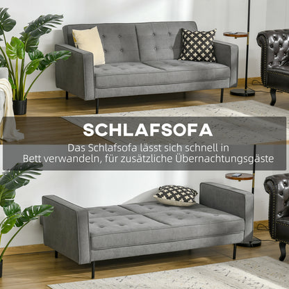 Slaapbank – Bedbank – Bankstel – Bedbank met Slaapfunctie – 3-Zits Sofa – Verstelbare Rugleuning – Vintage Eucalyptus Hout – Katoenen Stoffering – Grijs – 187 x 91 x 85 cm