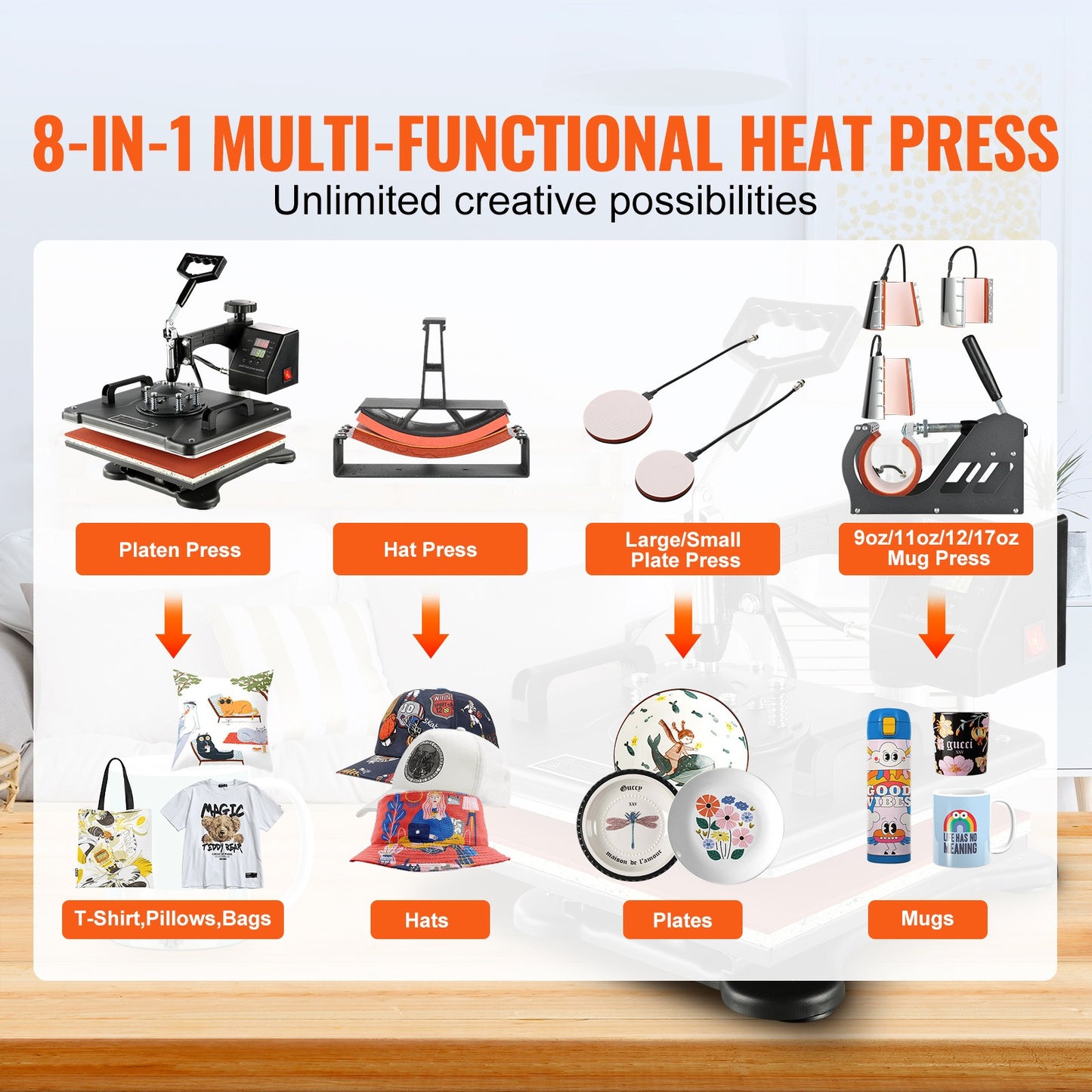 Warmtepers – Transferpers – Textielpers – T-shirt Pers – 8-in-1 Multi Heat Press – 1250W Vermogen – 38x30 cm Verwarmingsoppervlak – Digitale LCD Bediening – 360° Draaibare Arm – Zwart