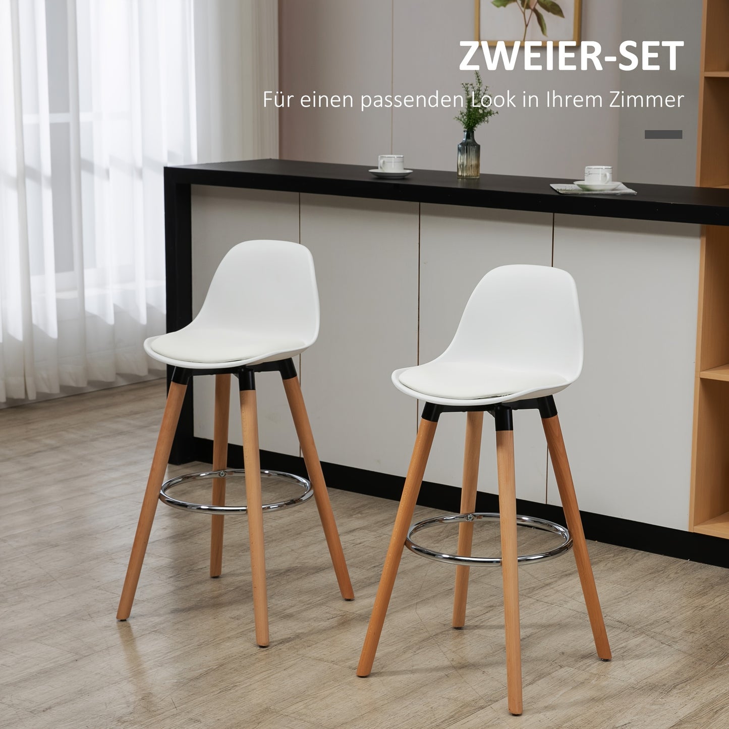 Barstoel – Barkruk – Barstoelen – Keukenstoel – Kruk – Set van 2 – Imitatieleren Bekleding – Met Voetsteun – Metaal – 38,5x42,5x91 cm – Wit