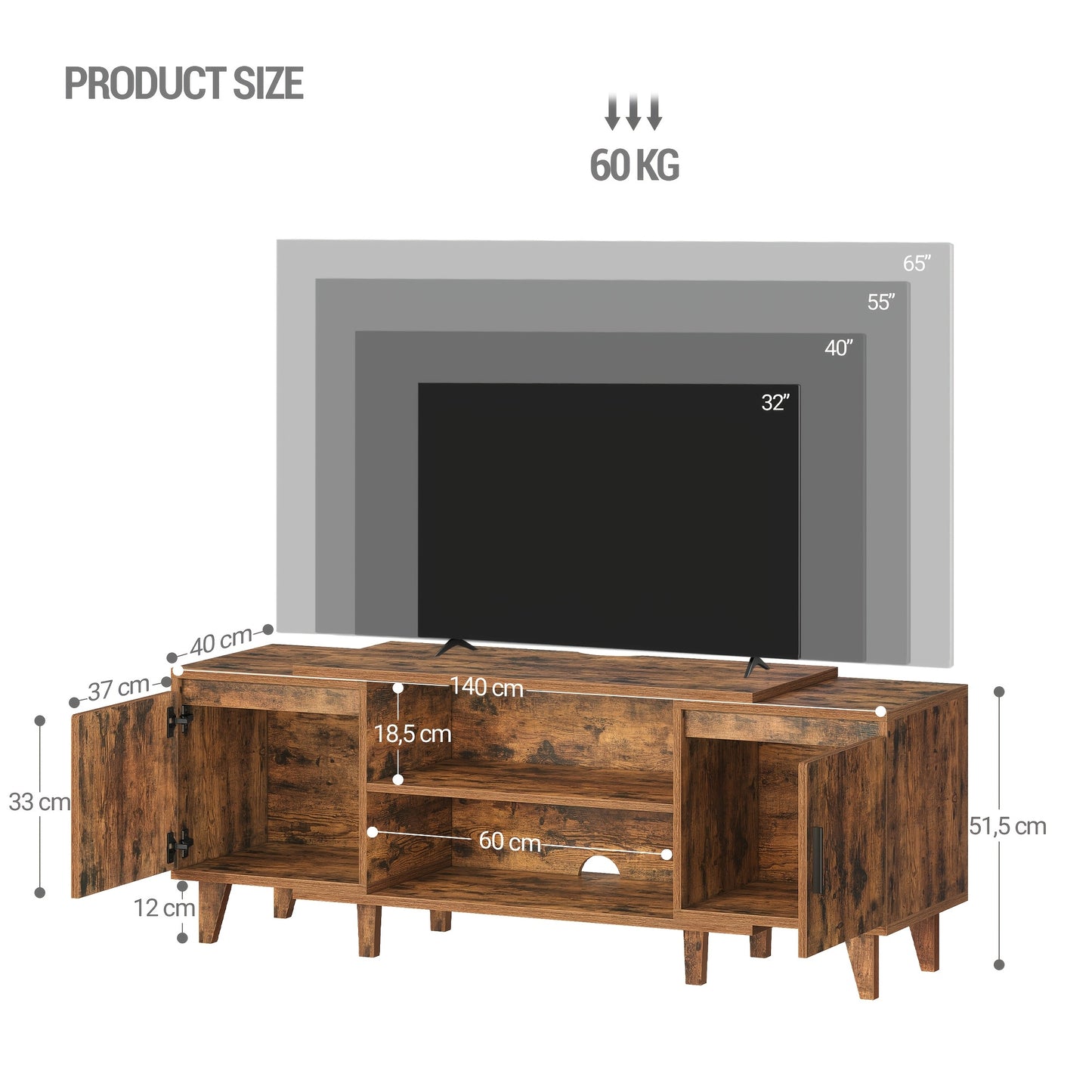 Tv Meubel – Tv Kast – Tv Stand – Mediameubel – Entertainment Center – Bruin – Voor Tv’s Tot 60 Inch – Met 2 Kasten En 2 Open Vakken – Afmetingen 40x140x51,5 cm