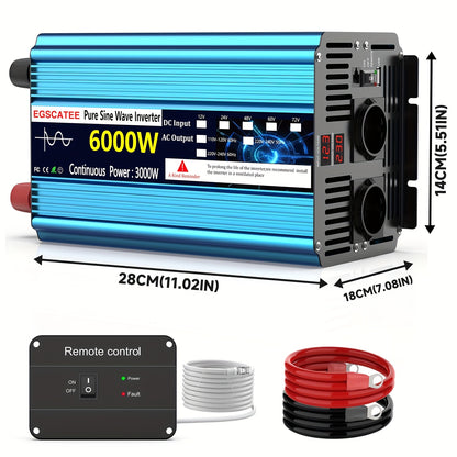 3000W Pure Sinus Omvormer – Stroomomvormer – Spanning Converter – DC Naar AC Omzetter – Camping Accu Omvormer – 6000W Piekvermogen – LCD Display & Afstandsbediening – Blauw