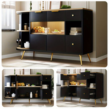 Dressoir – Opbergkast – Ladekast – Buffetkast – Wandkast – Zwart Met Schuifdeuren Van Glas – Vochtbestendig Niet-Houten Materiaal Met Gouden Accenten