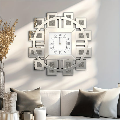60cm Round Mirror Clock Crushed Sparkling Crystal Diamond Mirrored Wall Clock for Home Office Glam Room Decor 1pc