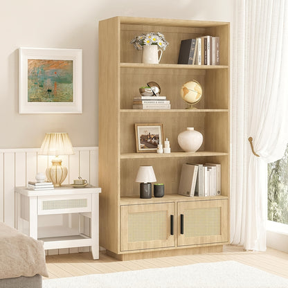 Boekenkast – Boekplank – Opbergkast – Vakkenkast – Boho Kast – 5-laags met Rieten Deuren – Natuurlijke Houtlook – Stevig Vloerstaand Ontwerp
