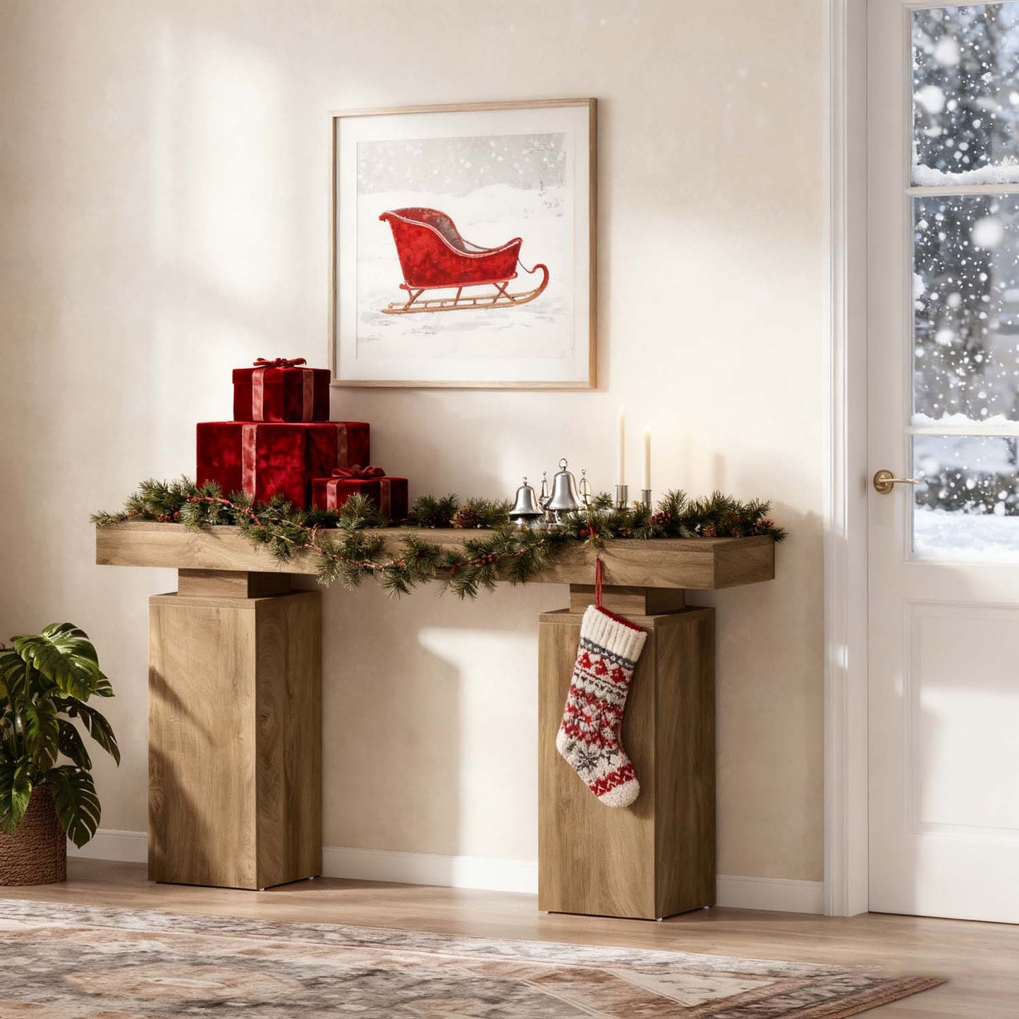 1pc 63-Inch Long Console Table | Farmhouse Wooden Entryway Table Behind Couch for Hallway or Living Room, Contemporary Style, Mixed Color, Engineered Wood, BYBLIGHT