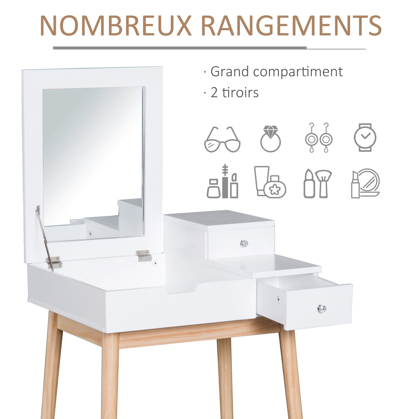 Kaptafel – Make-up Tafel – Vanity – Secretaire – Dressing Table – Scandinavisch Design – Vouwbare Spiegel – Ruime Opbergruimte – Wit MDF – Compact 60x50x86 cm