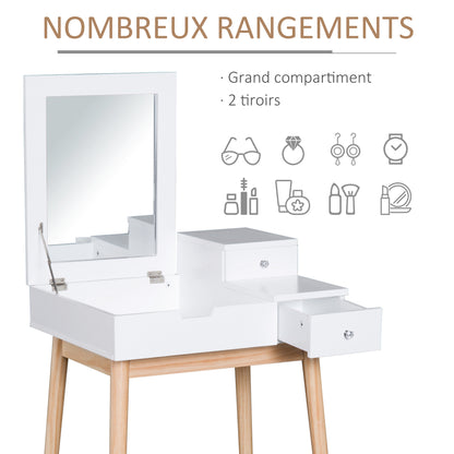 Kaptafel – Make-up Tafel – Vanity – Secretaire – Dressing Table – Scandinavisch Design – Vouwbare Spiegel – Ruime Opbergruimte – Wit MDF – Compact 60x50x86 cm