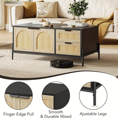Salontafel – Koffietafel – Bijzettafel – Woonkamertafel – Banktafel – Mid-Century Modern Riet – MDF & Metaal – Verstelbare Poten