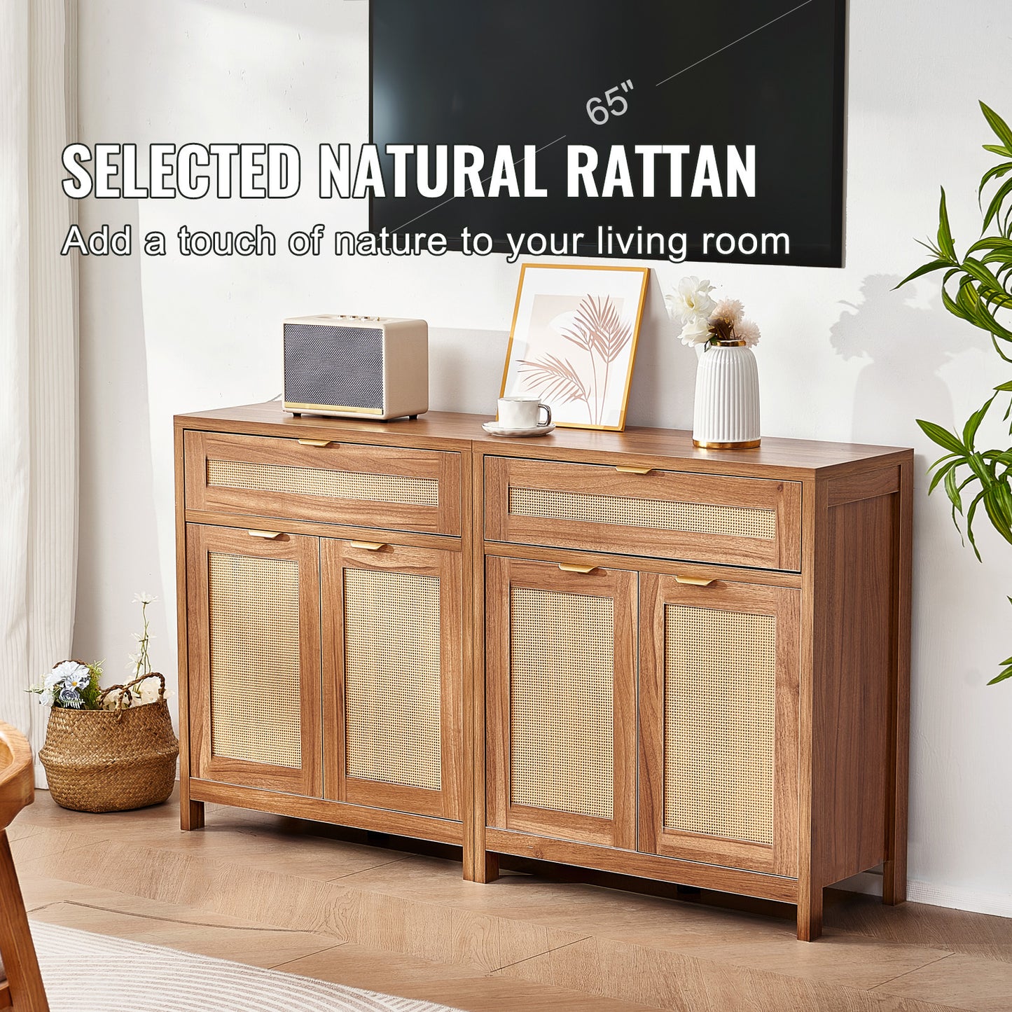 Rattan Opbergkast – Opbergmeubel – Dressoir – Kast – Buffetkast – 63 Inch – Handgevlochten Natuurlijk Rattan – Verstelbare Planken & Anti-Kantelset