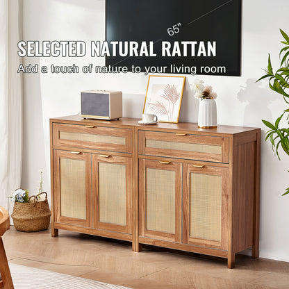 Rattan Opbergkast – Opbergmeubel – Dressoir – Kast – Buffetkast – 63 Inch – Handgevlochten Natuurlijk Rattan – Verstelbare Planken & Anti-Kantelset