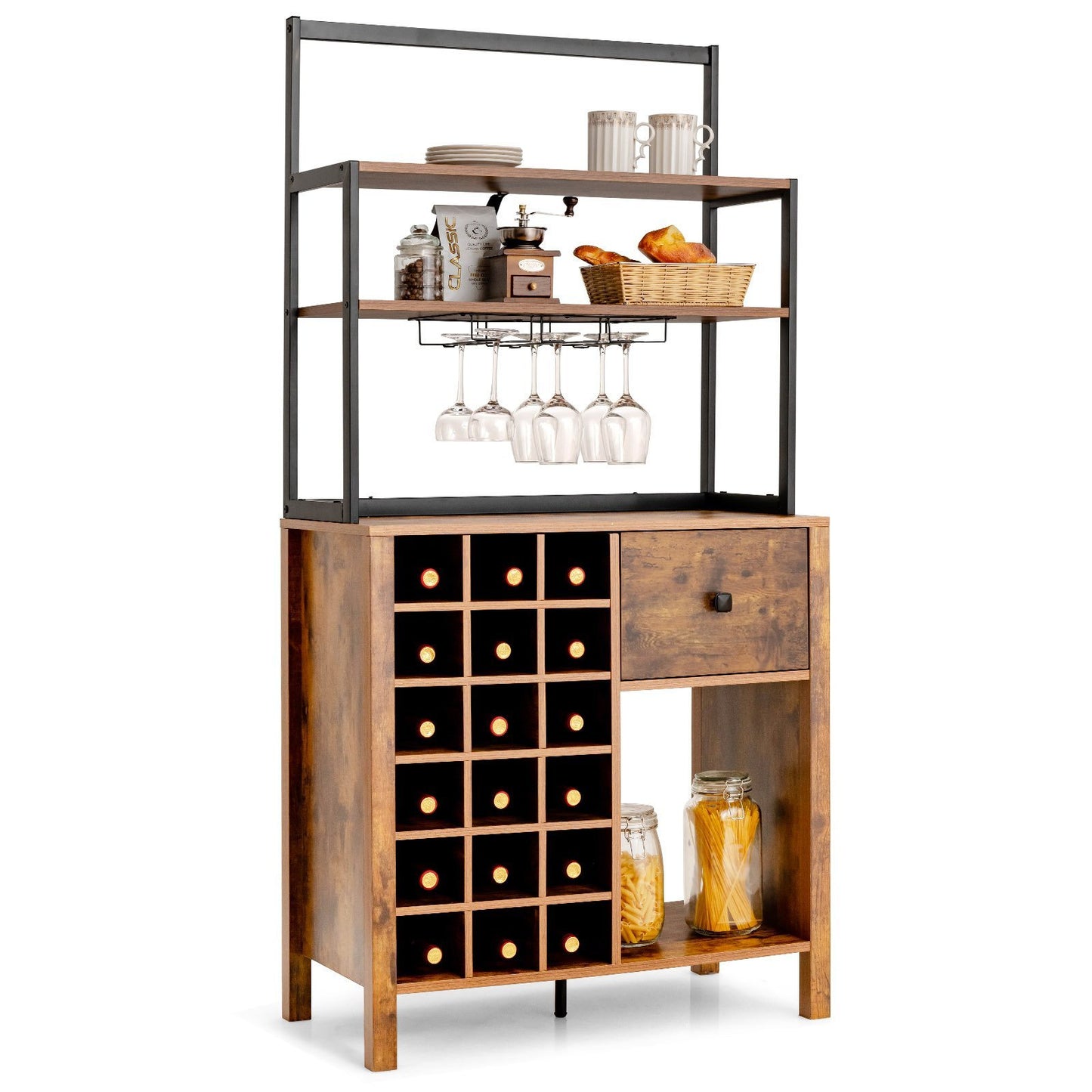 Vrijstaand Keukenmeubel – Opbergkast – Wijnrek – Etagère – Servieskast – Met Glazenhouder – Compact 74x40x160 cm – Stevig Meubelplaat Met Metalen Poot