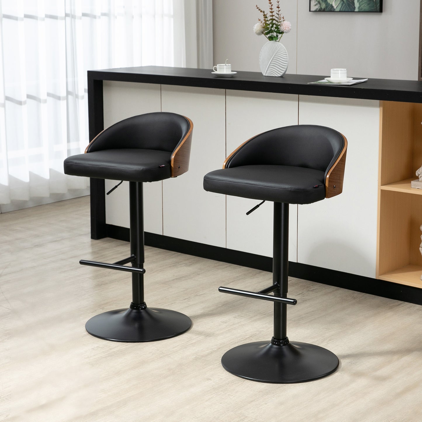 Barkrukken – Barstoelen – Barstoelen Met Rugleuning – Keukenkrukken – Barkruk Set – Verstelbaar In Hoogte – 360° Draaibaar – Stalen Frame Met Houten Zitting – Zwart En Koffie