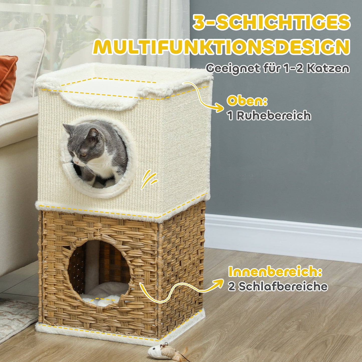 Krabpaal – Kattenboom – Kattenkrabpaal – Krabmeubel – Kattenhuis – 75,5 cm Hoog – Pluche Bekleding met Kattenhol