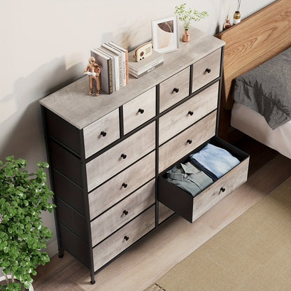 Sideboard – Dressoir – Opbergkast – Kast Met Lades – Meubel Met Stofladen – Grijs – 12 Ruime Stoffen Lades – Stevig Ijzeren Frame