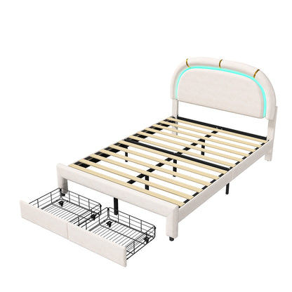 Upholstered Bed 140x200, Double Bed with Semi-Round Headboard, Adjustable Headboard, Storage Bed with 2 Drawers, Bed with Slatted Base, Single Bed, Beige