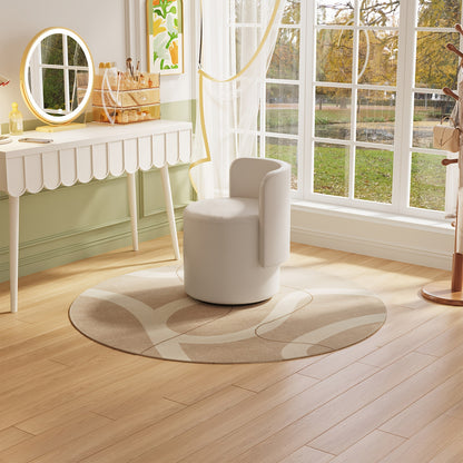 Dressoirstoel – Draaikruk – Make-up Stoel – Bureaustoel – Fauteuil – 360° Draaibaar – Zacht Kussen – Compact Rond Design – Beige Grijs – Met Rugleuning en Voetensteun