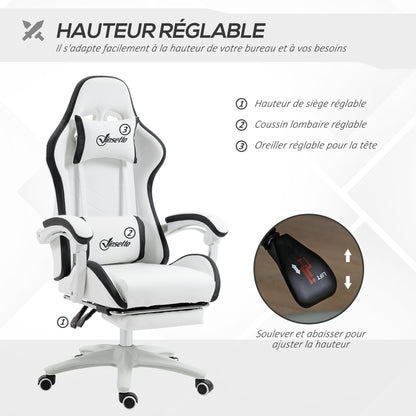 Gamingstoel – Bureaustoel – Gamechair – Zwart-Witte Stoel – Verstelbare Rugleuning 135° – Uitschuifbare Voetensteun & Hoofdkussen