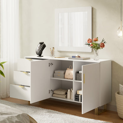 Spiegel en Dressoir Set – Wandspiegel – Kaptafel – Opbergkast – Ladekast – Wit – Gouden Handgrepen – 80x80 cm Spiegel – Bamboe Materiaal