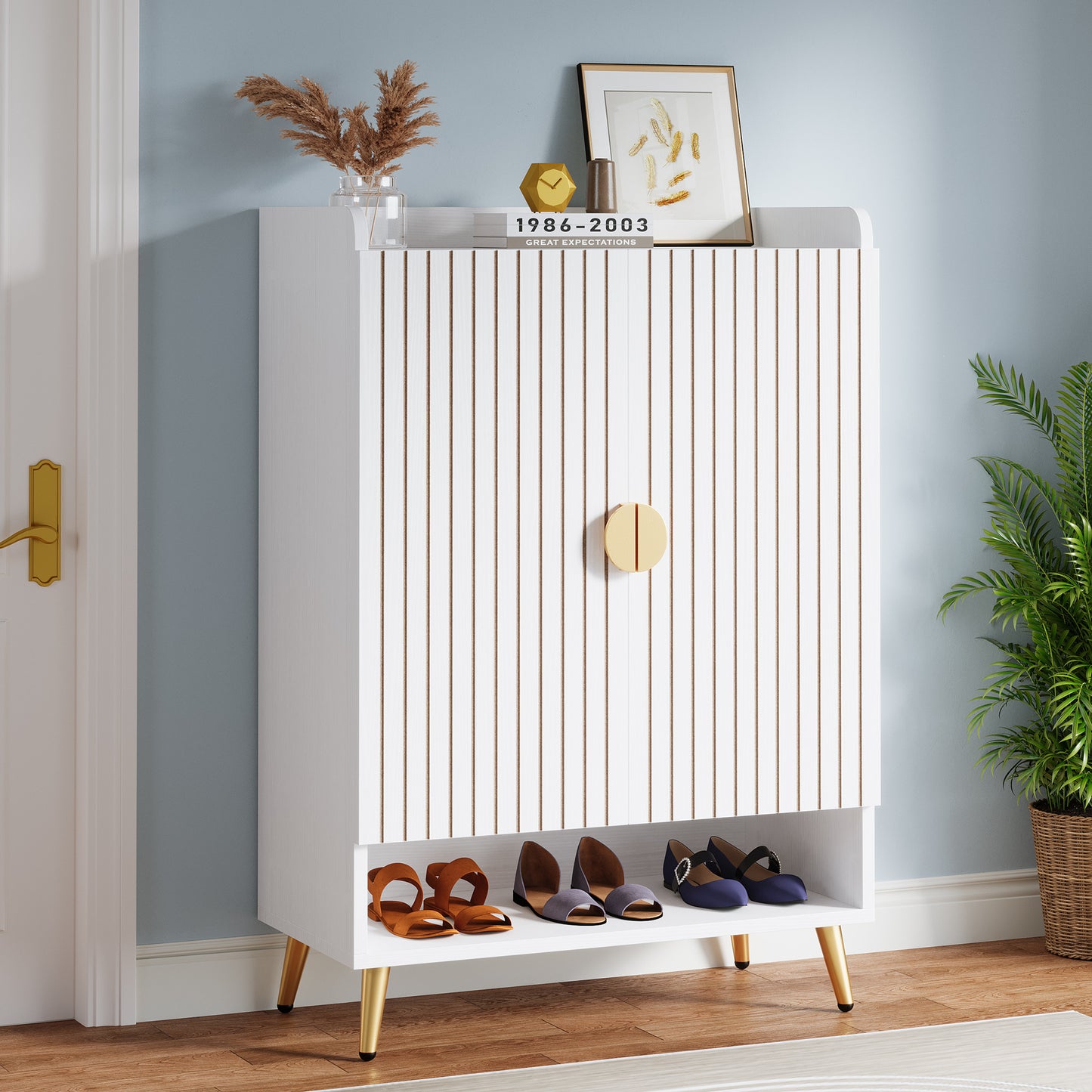 Schoenenkast – Schoenenrek – Schoenopberger – Schoenentoren – Schoenenkast – 6-laags met deuren – Verstelbare planken – Wit met gouden accenten