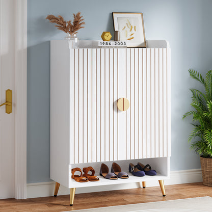 Schoenenkast – Schoenenrek – Schoenopberger – Schoenentoren – Schoenenkast – 6-laags met deuren – Verstelbare planken – Wit met gouden accenten