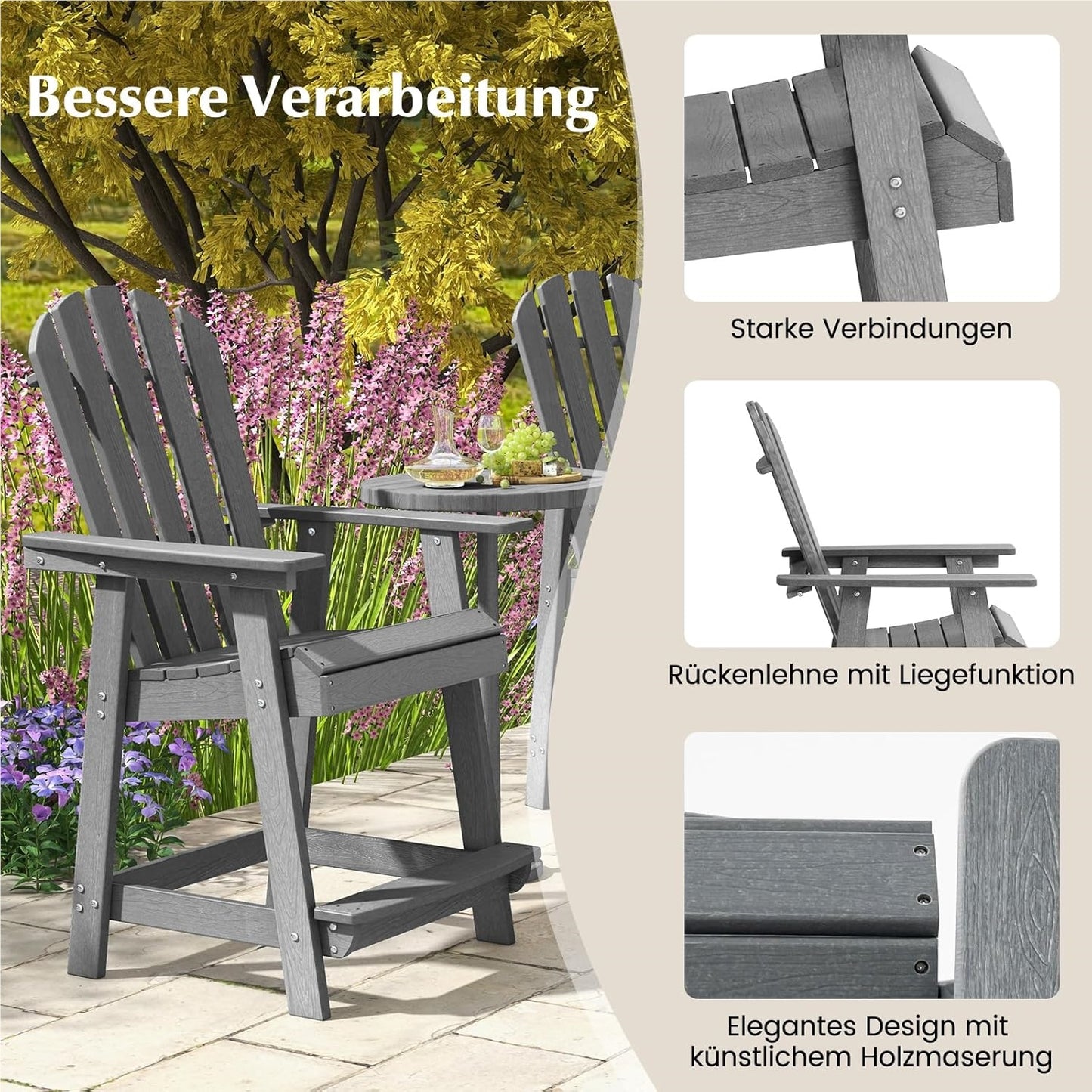 Adirondack Tuinstoel – Buitenstoel – Balkonstoel – Tuinstoel Met Voetsteun – Armleuningstoel – Weerbestendig HDPE – Comfortabele Hoge Rugleuning – Grijs
