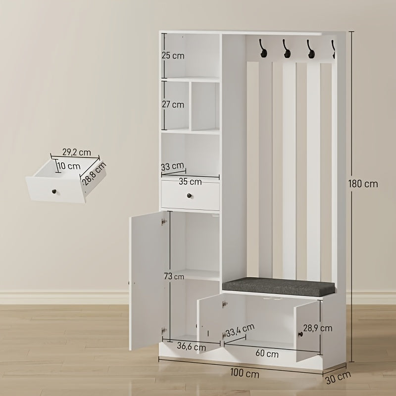 180cm Tall Entrance Hall Wardrobe Set | With Clothes Rack, Upholstered Shoe Bench, 4 Hooks, 4 Open Shelves, Shoe Rack, Chest Of Drawers, Hallway Furniture, Bench With Storage Space, White, European Style