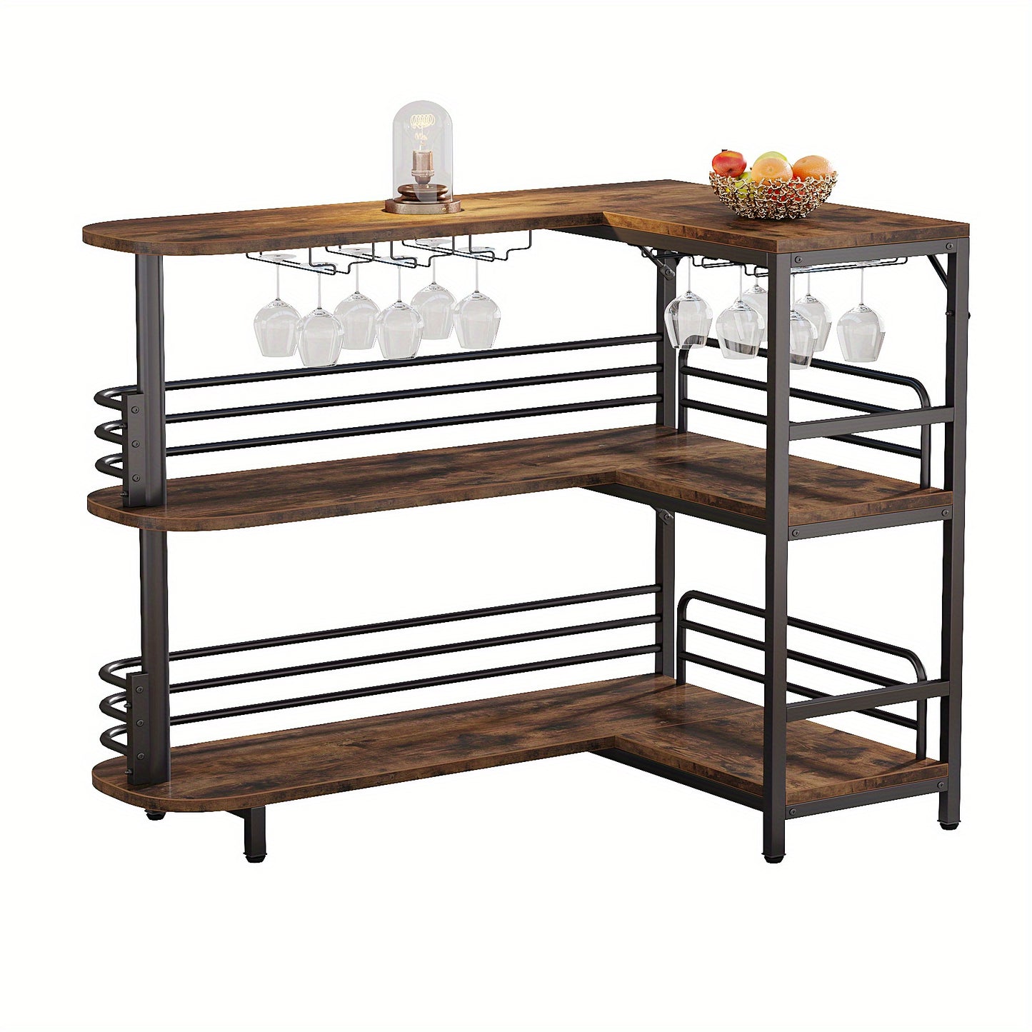 L-Vormige Hoekbar Tafel – Barmeubel – Mini Bar – Bar Cabinet – Home Bar – Drie Laags Met Wijnrek – Rustiek Bruin Hout – Compacte Opbergruimte