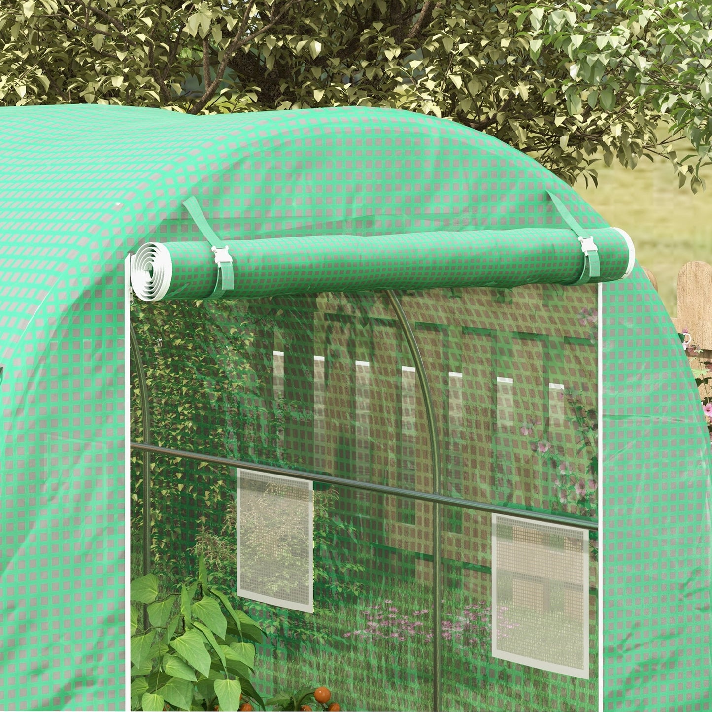 Tunnelse kas – Tuinkas – Broeikas – Groentekas – Plantenkas – 8 m² vloeroppervlak – Versterkt stalen frame – Dubbele ritssluiting – 6 oprolbare ramen – Groen