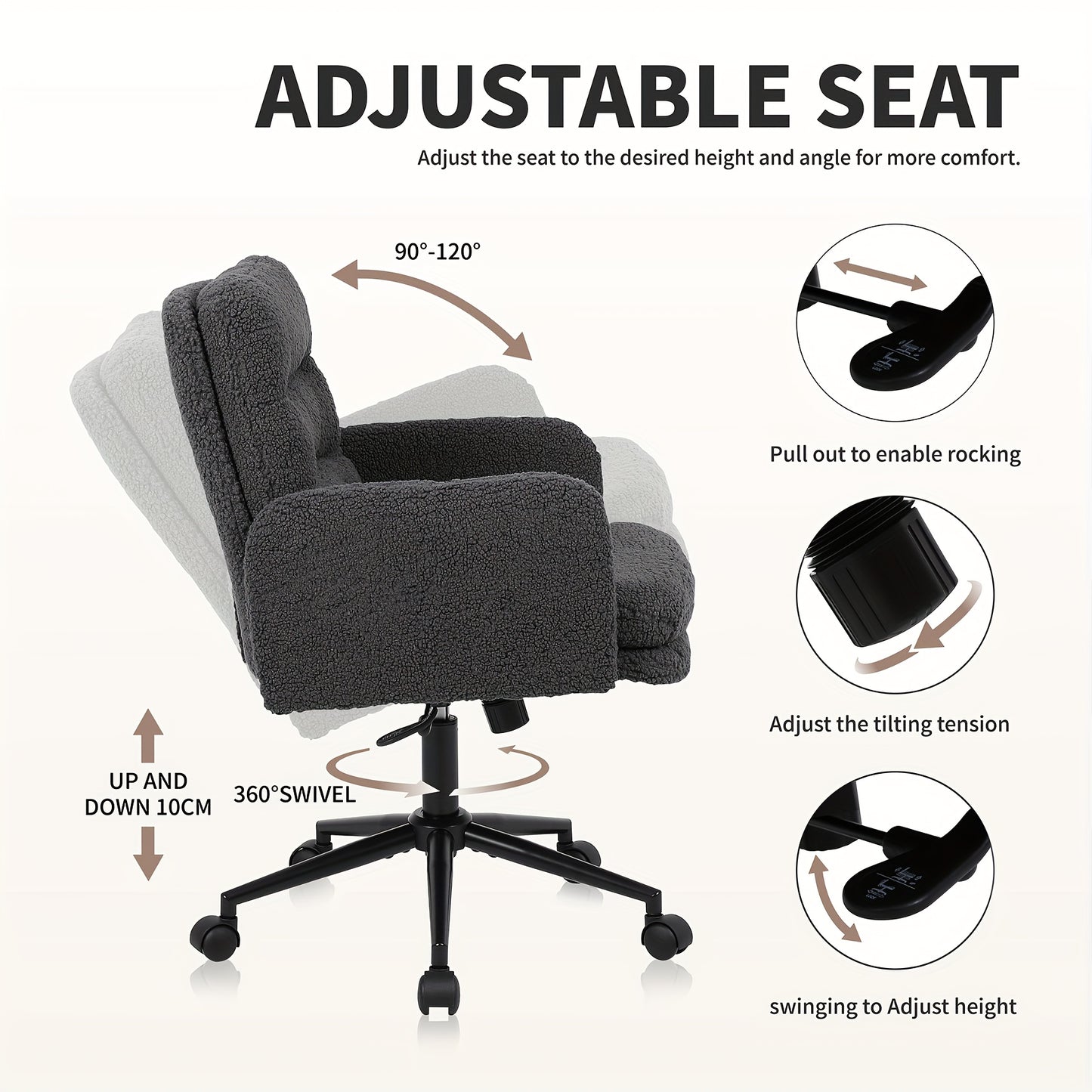 Youhauchair home office chair, 360° swivel, comfortable faux fur office chair, adjustable height, with backrest and armrests, suitable for bedroom computer desk, in beige/dark grey, Office Furniture, Chaise De Bureau Ergonom
