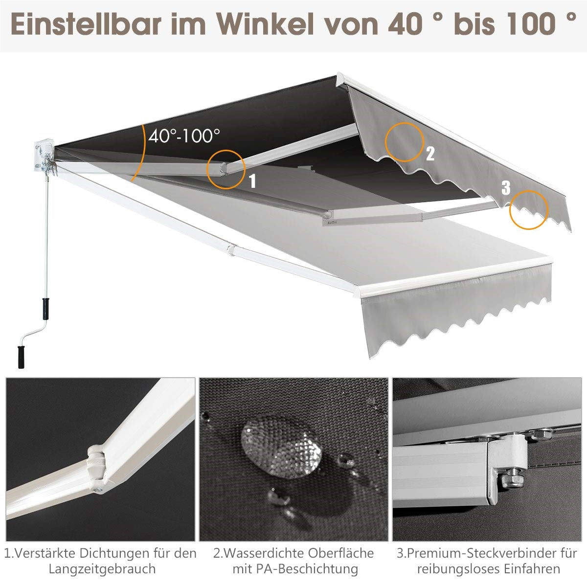 Zonnescherm Verstelbaar – Zonwering Markies – Terrasscherm – Balkonzonwering – Patio Zonnescherm – Aluminium Frame – Waterdicht & UV-Bestendig – 250 x 200 cm – Handbediening Met Slangschijf