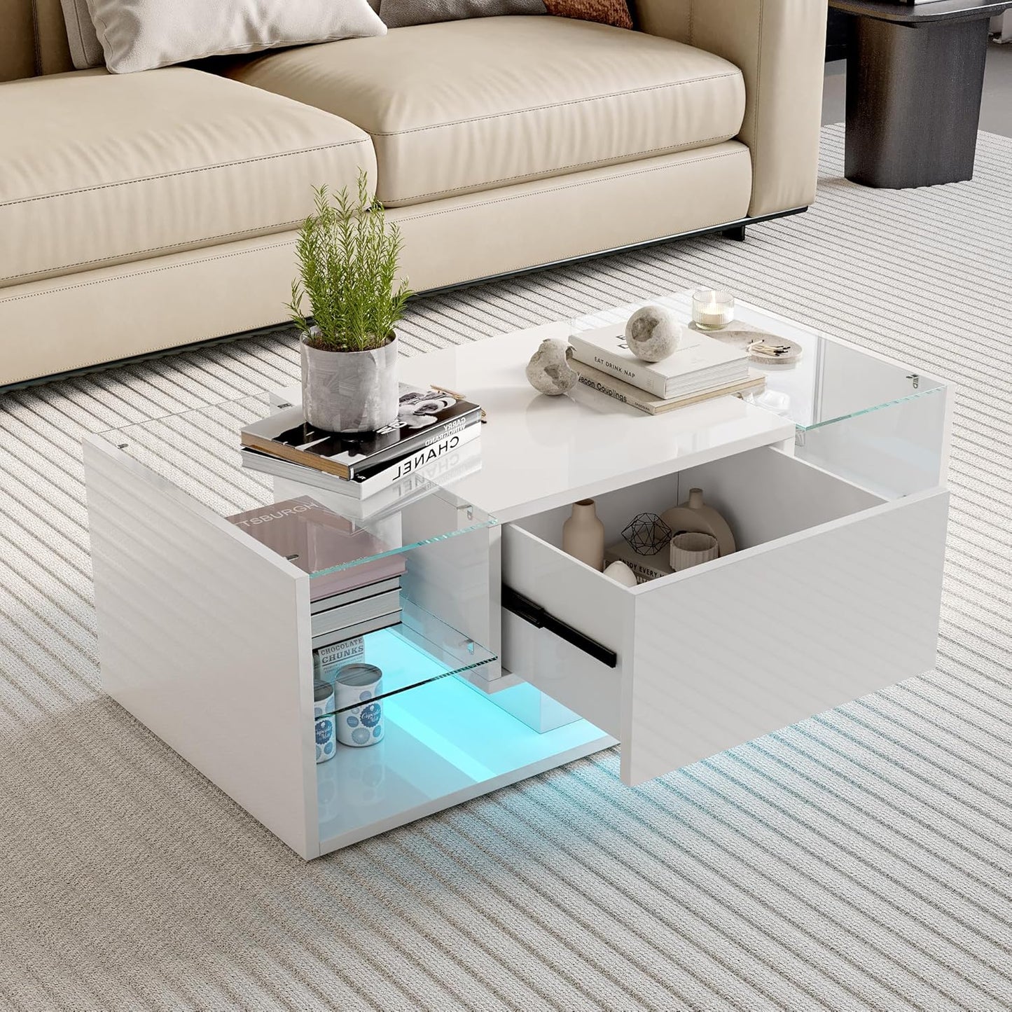 Salontafel – Woonkamertafel – Koffietafel – Tafel met Opbergruimte – LED Salontafel Wit – 100x50x35 cm – MDF en Glas Hoogglans