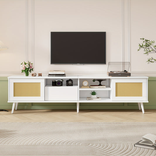 Witte Rattan TV-Stand – TV Meubel – TV Kast – Media Console – Moderne TV Meubel – Geschikt voor 90 Inch TV – 2 Rattan Deuren & 1 Lade – Robuuste Constructie 50 kg Draagkracht