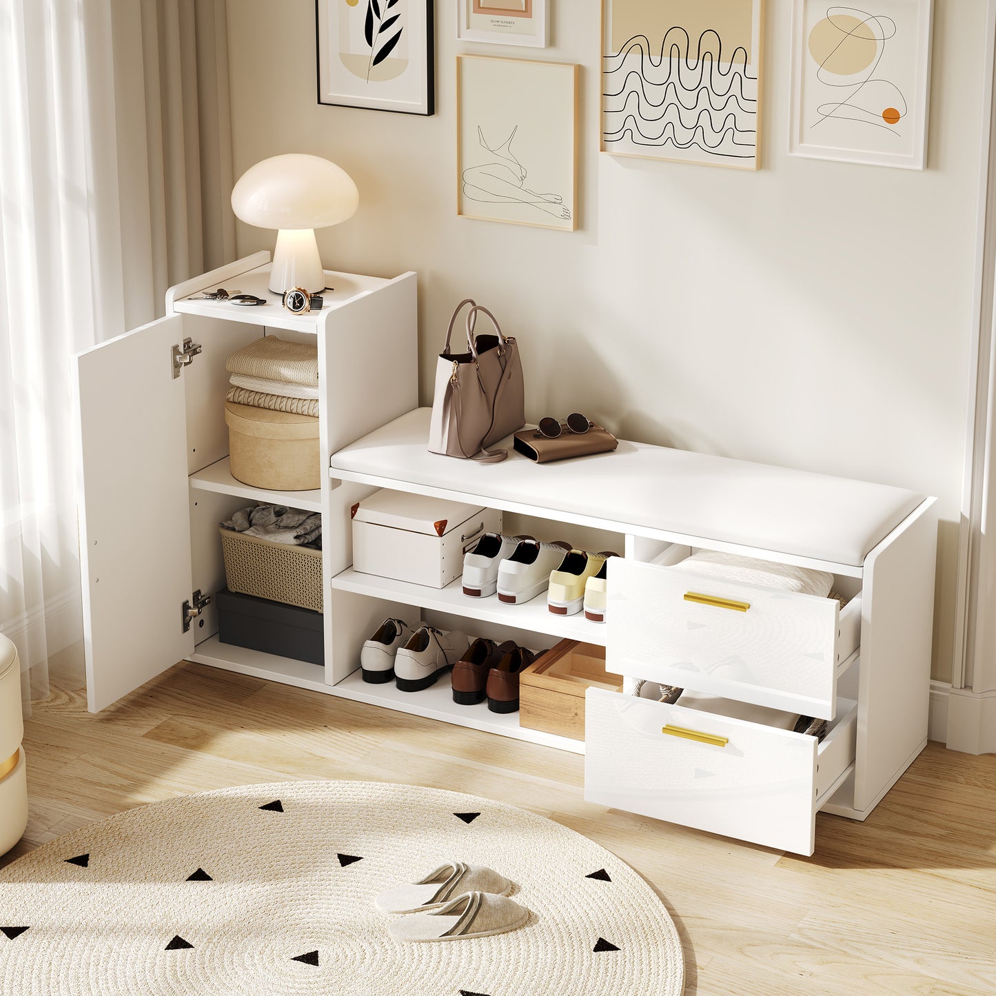 BTM Shoe Cabinet 128×30×68 Cm, in White with Shoe Bench, 2 Drawers & 1 Closet, Open 2-Tier Shoe Rack with Upholstered Seat Bench, Storage Furniture for Hallway, Living Room Or Office