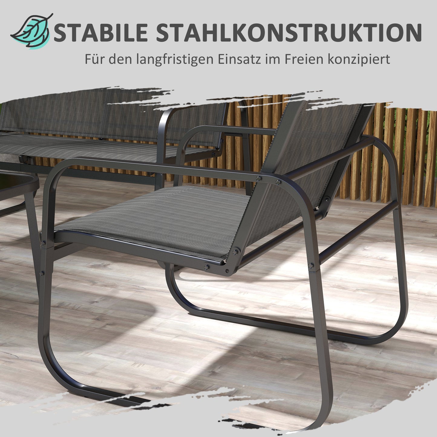 4-delige Tuinset – 4-delige Loungeset – Tuinmeubelset – Buitenset – Balkonset – Zwart – Stalen Frame – Geharde Glas Tafel