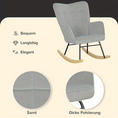 Schommelstoel – Relaxstoel – Fauteuil – Loungestoel – Voedingsstoel – Lichtgrijs Fluwelen Bekleding – Met Houten Sledes en Stabiel Metalen Frame