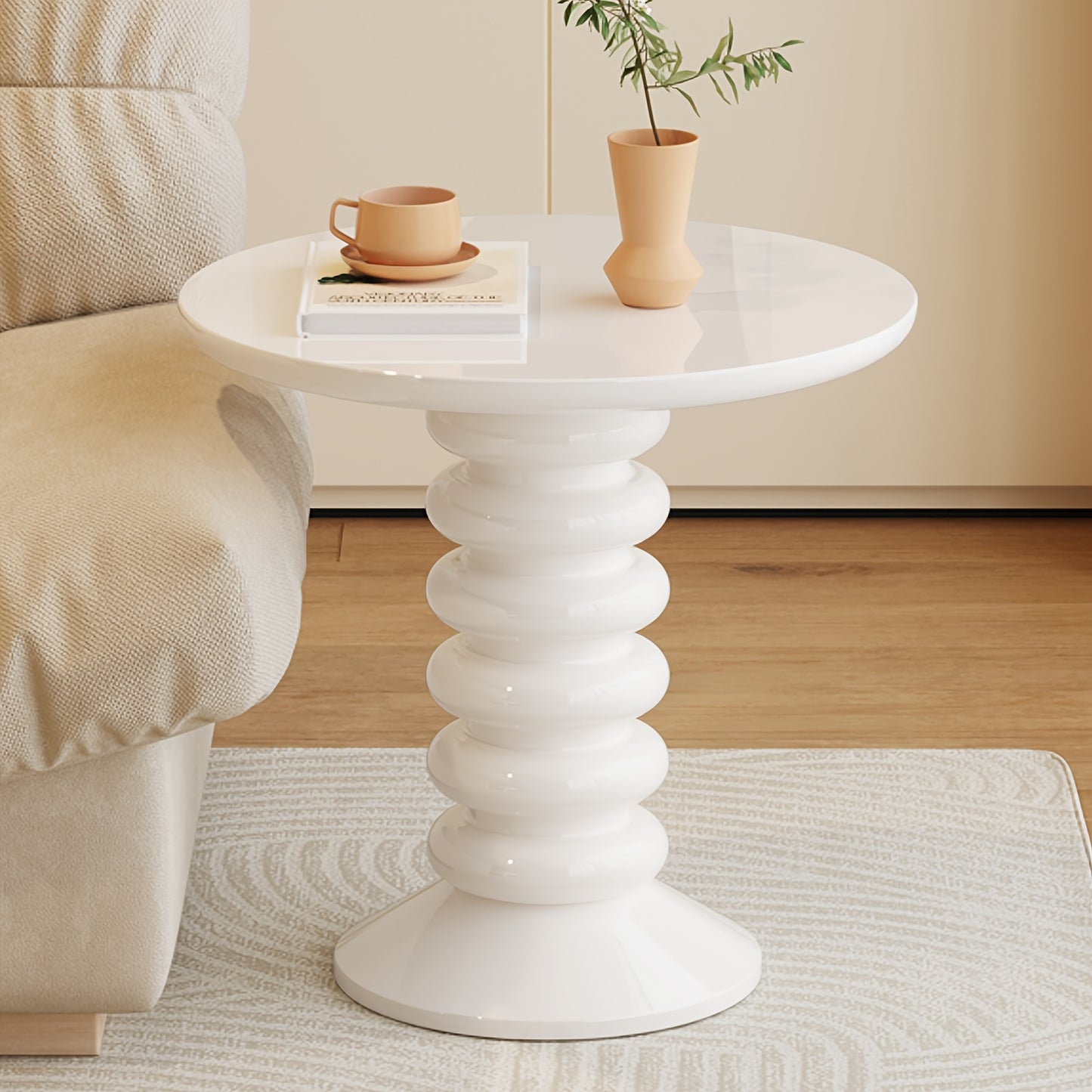 Bijzettafel – Sidetable – Nachtkastje – Salontafel – Banktafel – Ronde Vorm – Melkachtig Wit – Compact Formaat – Eenvoudige Montage