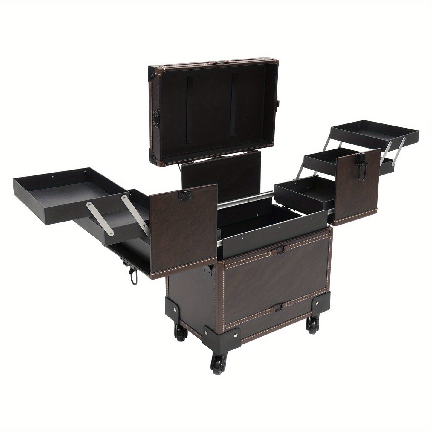 Make-up trolley – Make-up koffer – Beauty trolley – Rolling case – Cosmetica organizer – Koffiebruin – Duurzaam PU materiaal – 6 uitschuifbare trays