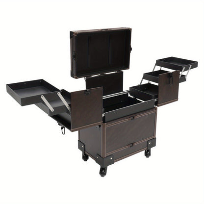 Make-up trolley – Make-up koffer – Beauty trolley – Rolling case – Cosmetica organizer – Koffiebruin – Duurzaam PU materiaal – 6 uitschuifbare trays