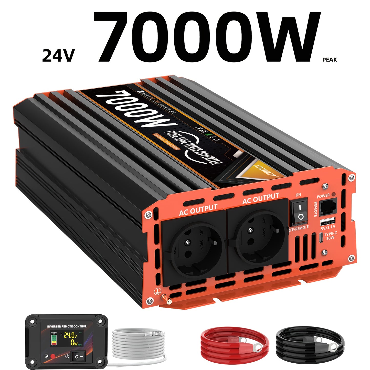Omvormer – Spanningsomvormer – Stroomomzetter – Energieconverter – Inverter – 7000W Vermogen – Pure Sinusgolf Met LCD Display & Afstandsbediening