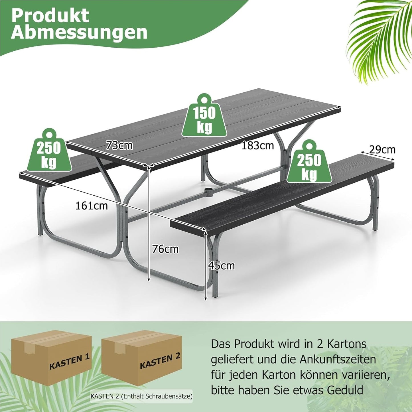 Bier Tent Set – Bierbank Set – Picknicktafel – Feesttafel – Tuinset – Weerbestendig HDPE Blad – Inclusief Parasolgat – Zwart – Geschikt Voor 6-8 Personen – Robuust Metalen Frame