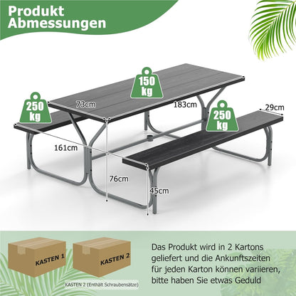 Bier Tent Set – Bierbank Set – Picknicktafel – Feesttafel – Tuinset – Weerbestendig HDPE Blad – Inclusief Parasolgat – Zwart – Geschikt Voor 6-8 Personen – Robuust Metalen Frame
