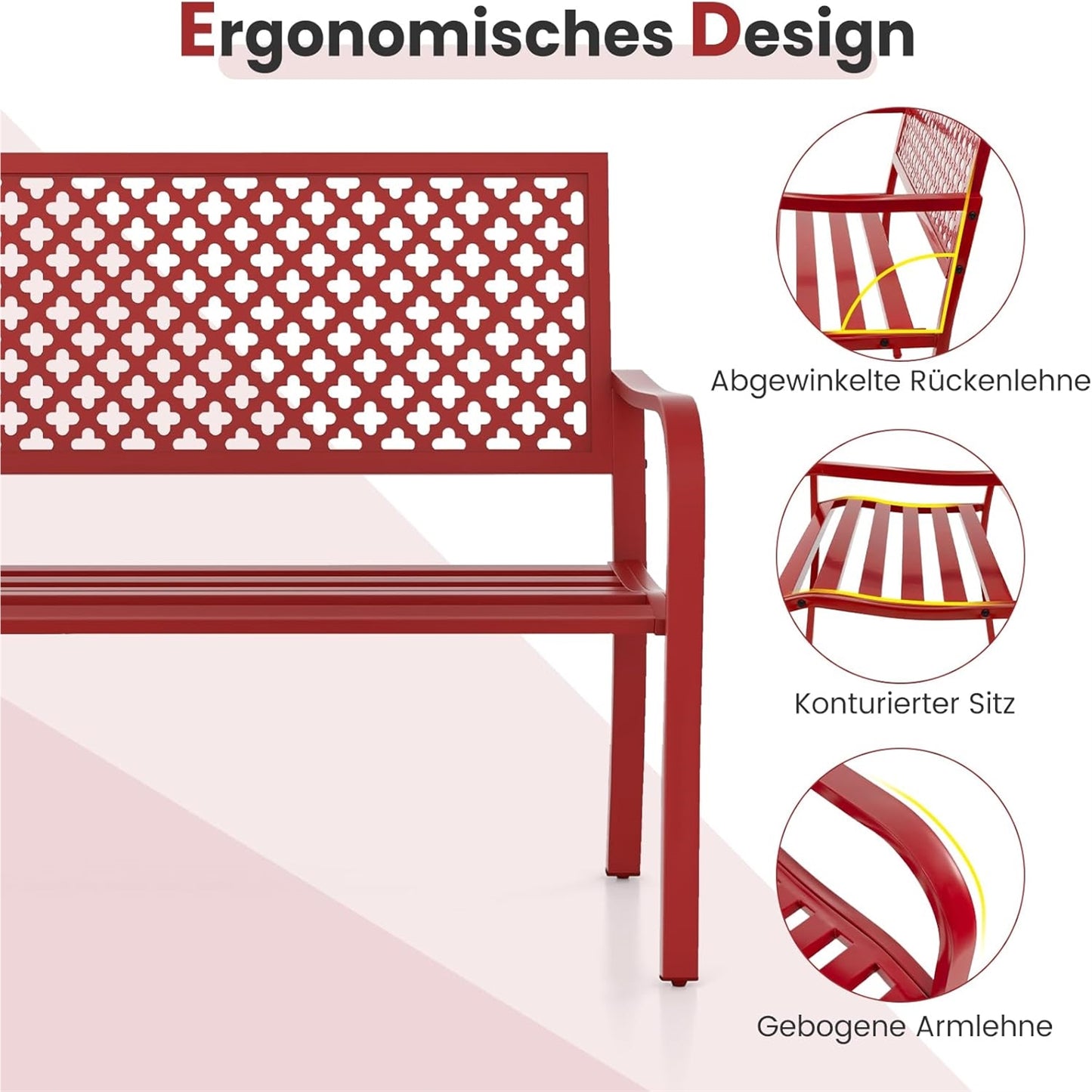 Tuinbank – Buitenbank – Parkbank – Loungebank – Metalen Bank – Rood Metalen Design – Weerbestendig Metalen Frame – Geschikt Voor 2-3 Personen – Draagkracht Tot 300 Kg