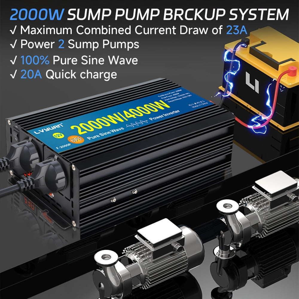 Zuivere Sinus Omvormer – Stroomomzetter – Power Inverter – Spanningsomzetter – DC naar AC Omvormer – 12V Variant – 2000W Continu Vermogen – LCD Display