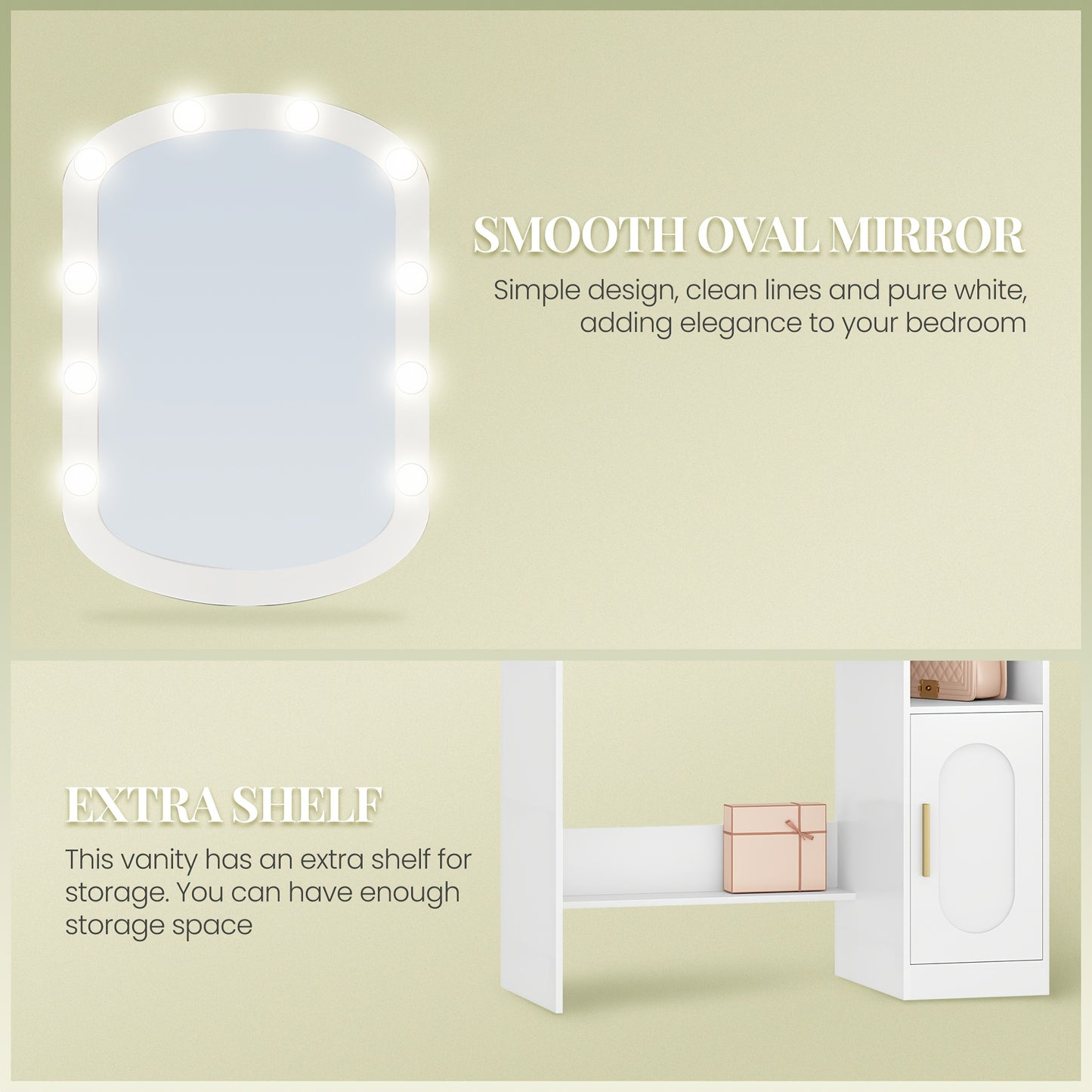 Jewelry Cabinet, Dressing Table With Oval Mirror, Dressing Table With LED Lights, Adjustable Brightness, Vanity Desk With Drawer, Cabinet And Open Compartments, Modern Bedroom Dresser, Jewelry Armoires - QUORE