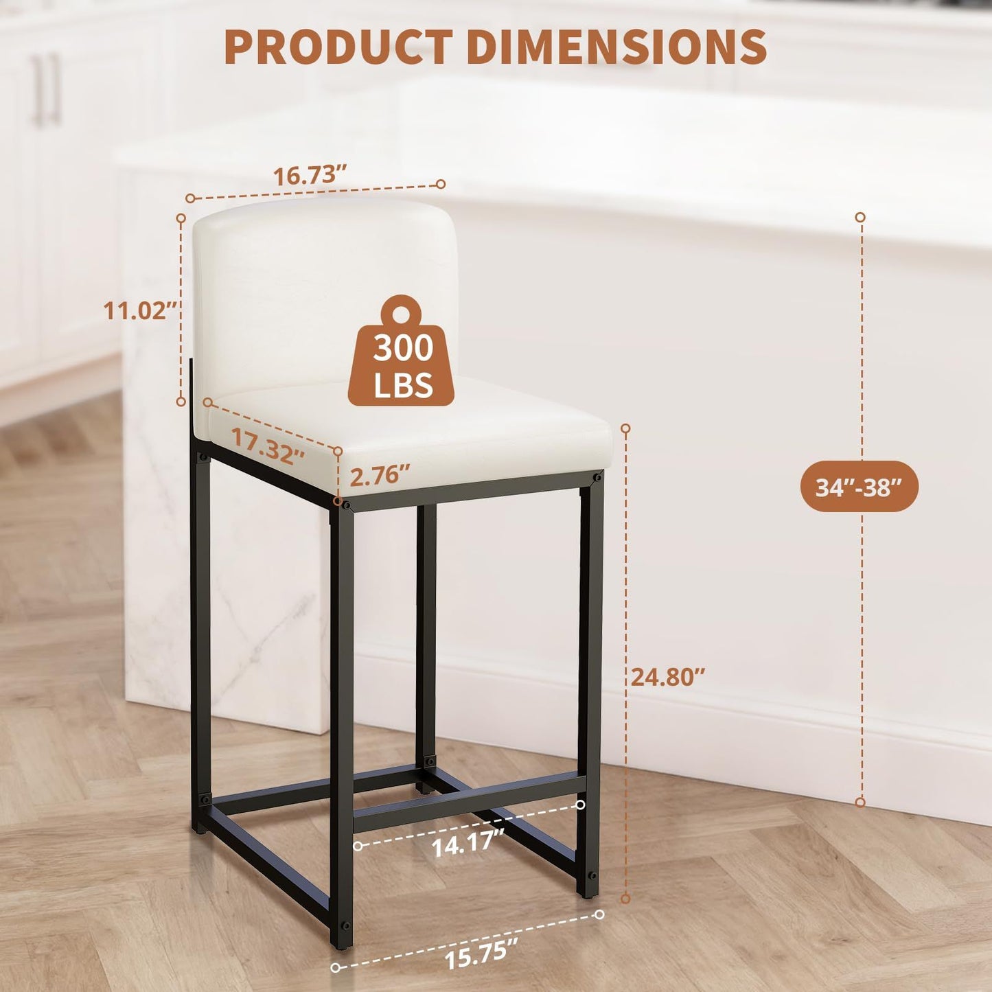 Counter Height Bar Stool | Upholstery Supportive Backrest, Sturdy Metal Legs, Ideal for Island, Dining Room, Living Room, Apartment