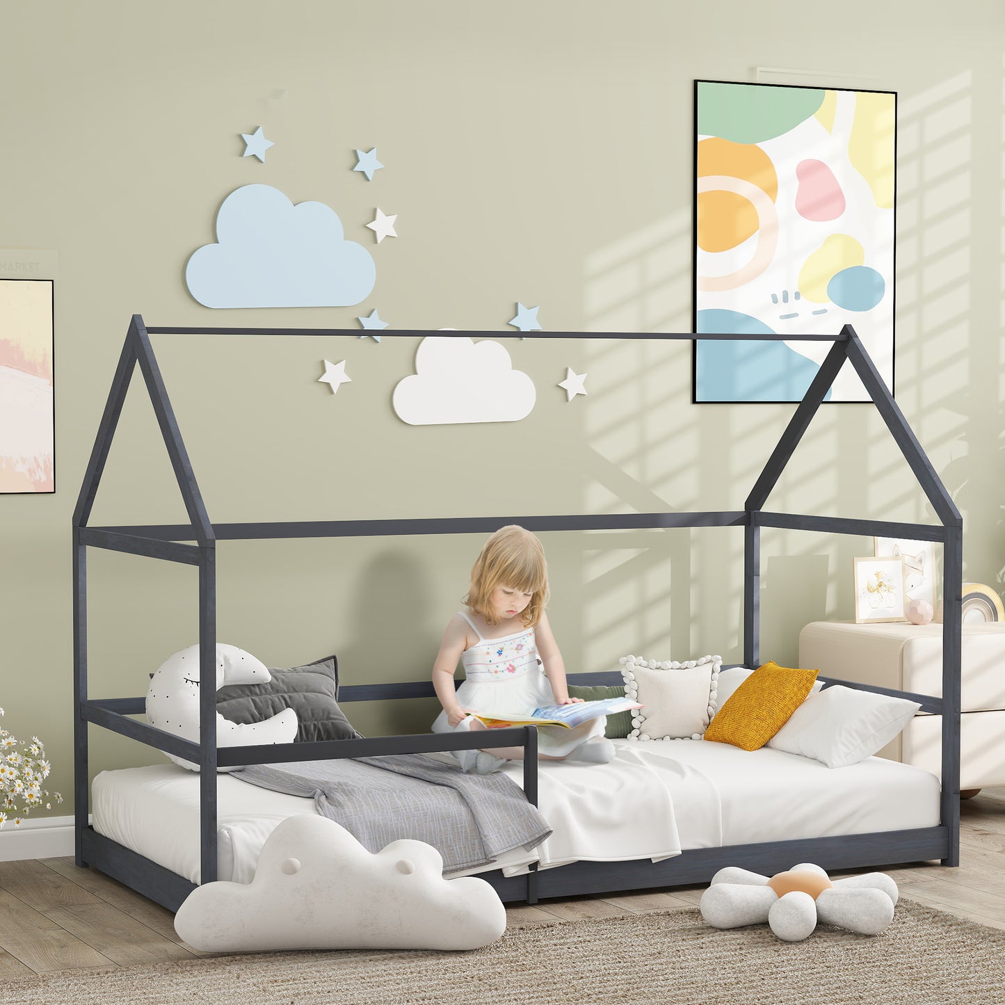 AIYAPLAY Children'S Cabin Bed 90X190 Cm Children'S Bed Children'S House in Wood with Anti-Fall Protection, Slatted Base And Roof Included, Dim. 196L X 97.5L X 135H Cm Grey