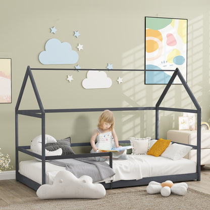 AIYAPLAY Children'S Cabin Bed 90X190 Cm Children'S Bed Children'S House in Wood with Anti-Fall Protection, Slatted Base And Roof Included, Dim. 196L X 97.5L X 135H Cm Grey